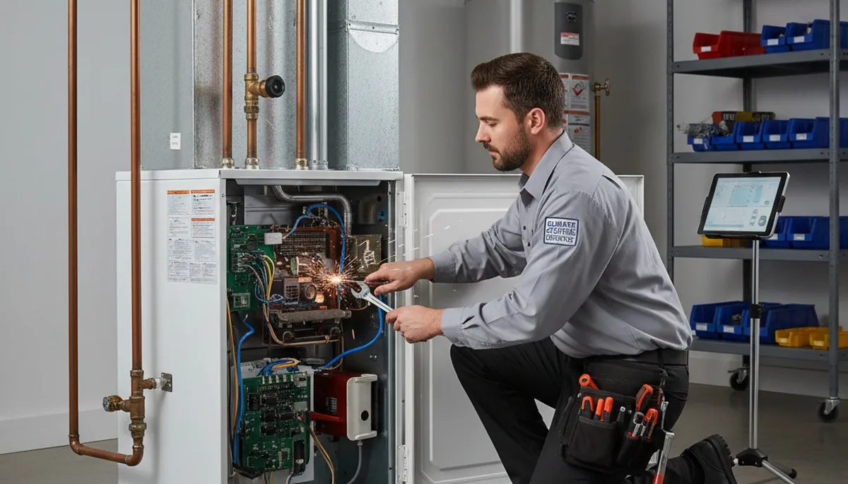 Technician performing furnace repair in Taylor, PA for Five Star Cooling heating service